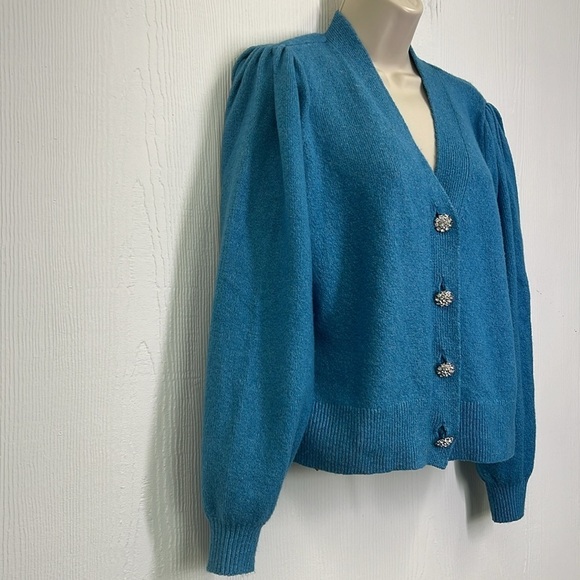 Loft - Blue Jewel Rhinestone Button Up Long Sleeve Cardigan Size Medium - Picture 4 of 11